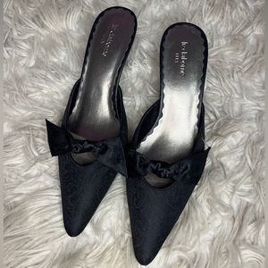 Liz Claiborne Black Satin Brocade Kitten Heel Bow Pointy Mule Slides Sz 8M